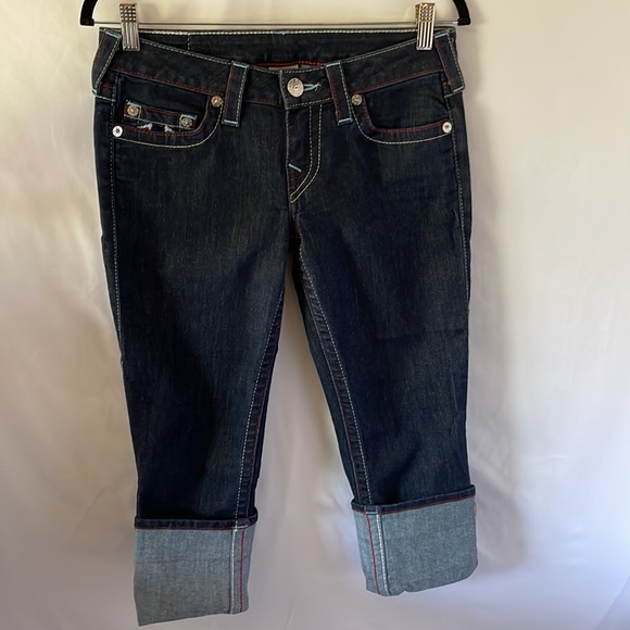 True religion Capri dark wash jeans size 28 red and blue white stitching - Picture 5 of 7